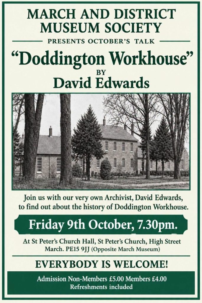 Did your ancestors ever pass through the doors of the North Witchford Union Workhouse in Doddington?

Join our archivist, David Edwards, as he explores the history of the workhouse and the lives of some of the people who found themselves there.

Whether you have a family connection or are simply curious about this fascinating part of our local history, come along and discover the stories behind the records.
Everyone welcome!