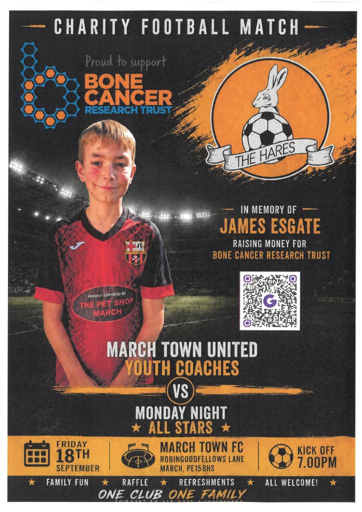 Charity football match: March Town United Youth Coaches vs Monday Night All Stars. Kick off 7pm.