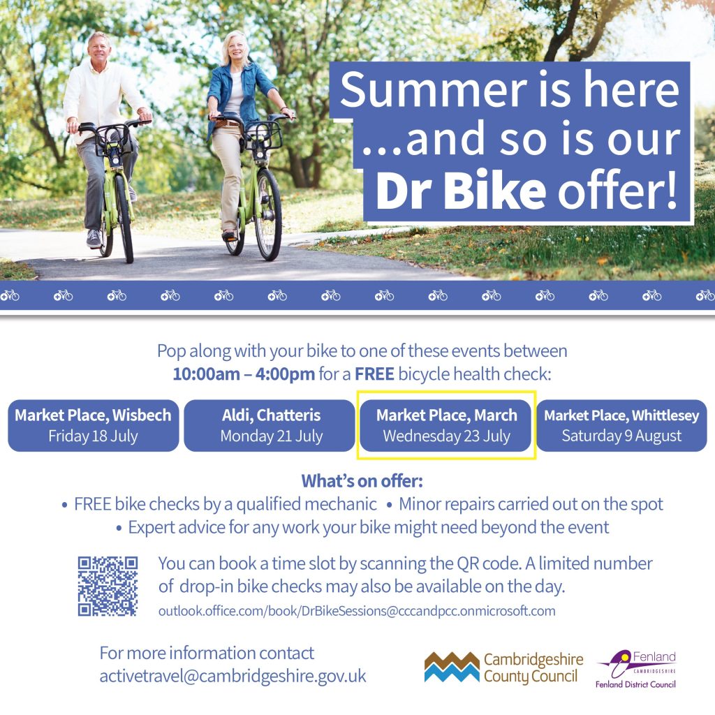 Poster offering free bicycle check on March Market Place 23 July 10am to 4pm